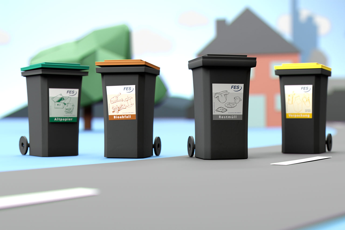 Informieren Sie sich über Gewerbetonnen bei der FES Frankfurt Vier Abfalltonnen auf Strasse